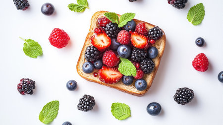 Top view of honey toast with mixed berries and mint leaves, against a white background.の素材