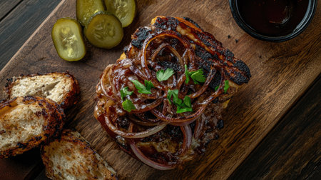 Truffle burger with grilled onions and a side of pickles, photographed from above on a wooden board.の素材