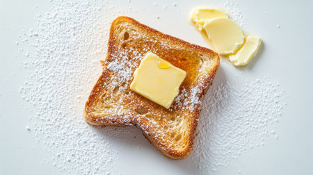 Top view of honey toast with a scoop of butter and a dusting of powdered sugar, set against a white background.の素材