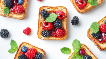 Top view of honey toast with mixed berries and mint leaves, against a white background.の素材