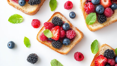 Top view of honey toast with mixed berries and mint leaves, against a white background.の素材