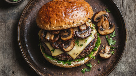 Top view of a truffle burger with Swiss cheese and saut mushrooms on a rustic plate.の素材