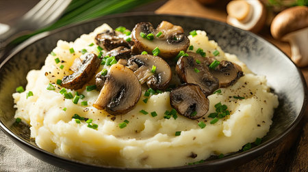 Truffle mushrooms on a serving of creamy mashed potatoes with a sprinkle of chives.の素材