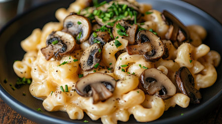 Truffle mushrooms on a plate of gourmet mac and cheese, with a sprinkle of chives.の素材