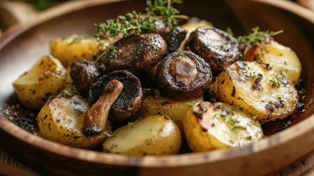 Truffle mushrooms on a dish of roasted potatoes and herbs, with a rustic presentation.の素材