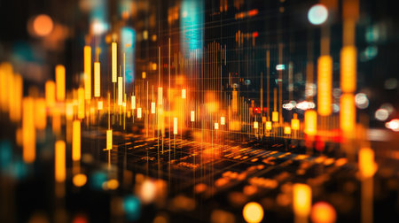 Zoomed-in shot of a gold trading chart with candlesticks and volume bars.の素材