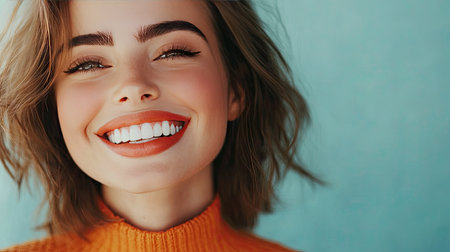 Woman with a dazzling smile and immaculate teeth, posing in a casual setting.の素材