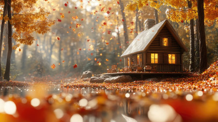 3D illustration of a cozy cabin in the woods surrounded by colorful autumn leaves.の素材