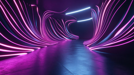 3D illustration of a room with black walls and neon lights in dynamic, flowing patterns.の素材