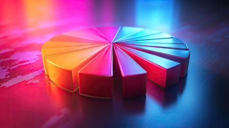 3D financial pie chart with radiant, glowing segments and a high-contrast background.の素材