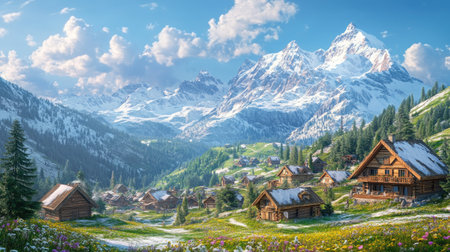 3D illustration of a picturesque village in the Swiss Alps with snow-capped mountains and chalets.の素材
