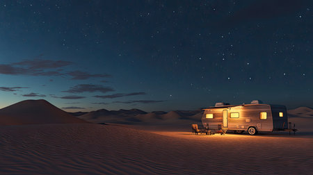 3D rendering of a serene desert landscape with sand dunes, a caravan, and a starry night sky.の素材