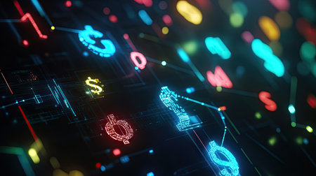 3D financial network with vibrant glowing currency symbols interconnected in a globalの素材