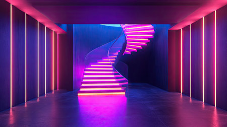 3D rendering of a neon-lit room with black walls and a glowing neon spiral staircase.の素材
