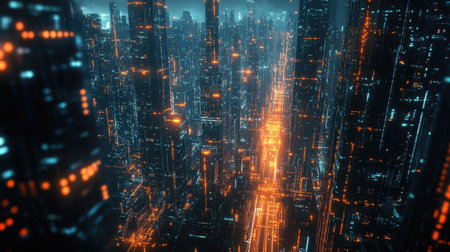 3d render of Cyber punk night city landscape concept. Light glowing on dark scene. Night life. Technology network for 5g. Beyond generation and futuristic of Sci-Fi Capital city and building scene.の素材