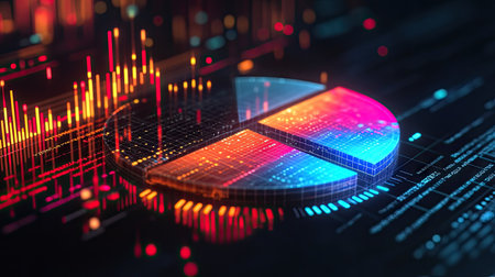 3D pie chart with radiant, glowing segments representing financial data on a dark background.の素材