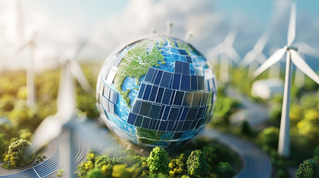3D globe with solar panels and wind turbines, emphasizing global renewable energy.の素材