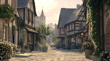 3D illustration of a charming European village with cobblestone streets and historic buildings.の素材
