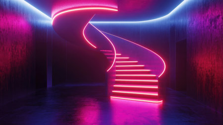 3D rendering of a neon-lit room with black walls and a glowing neon spiral staircase.の素材