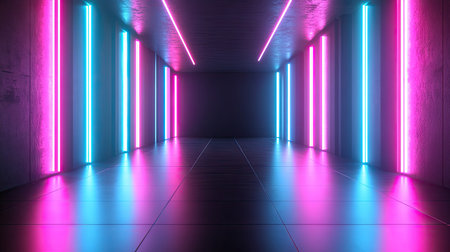 3D rendering of a neon-lit room with black walls, featuring vibrant pink and blue lights.の素材