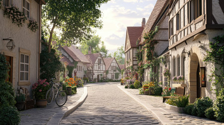 3D illustration of a charming European village with cobblestone streets and historic buildings.の素材