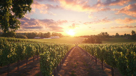 3D rendering of an idyllic vineyard with rows of grapevines, a winery, and a beautiful sunset.の素材