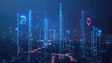 5G network wireless systems and internet of things with modern city skylineの素材