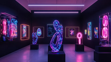 3D visualization of a neon-lit room with black walls, featuring neon sculptures and art.の素材