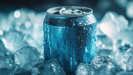 A can of soda surrounded by ice cubes, with condensation droplets making it look chilled and refreshing.の素材