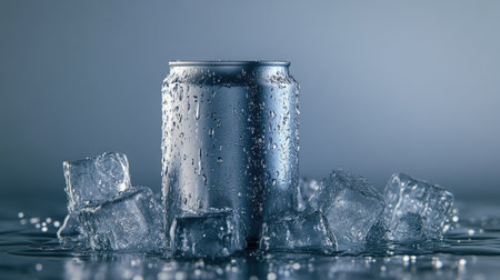 A can of cold drink embedded in ice cubes, condensation dripping down, giving a chilled and invigorating appearance.の素材