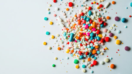 A cascade of colorful pills falling onto a light grey backdrop, creating an energetic and visually appealing scene.の素材