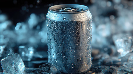 A frosty can of cold beverage resting on ice cubes, with condensation droplets adding to its refreshing appearance.の素材