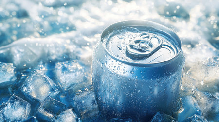A frosty can of cold drink resting on a bed of ice cubes, condensation forming on the surface, creating a cool and refreshing scene.の素材