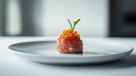 A bite-sized canap raw beef tartar, salmon red caviar, and brioche, artistically presented on a minimalist white plate.の素材