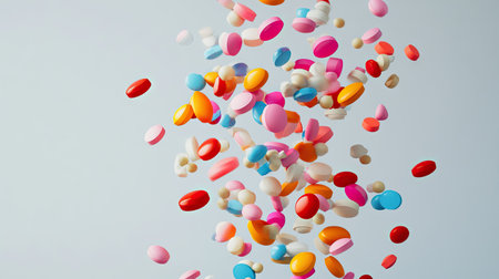 A cascade of colorful pills, in various shapes and sizes, falling onto a light grey backdrop, forming a vibrant display.の素材