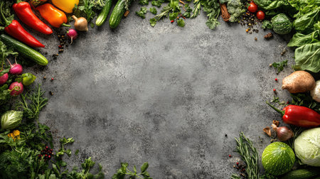 A border of colorful vegetables, aromatic herbs, and spices framing a gray stone background, perfect for culinary content with space for copy.の素材