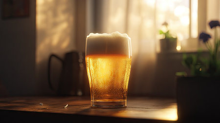 A glass of golden beer with a frothy top, bathed in warm, soft light, exuding a cozy and inviting vibe.の素材