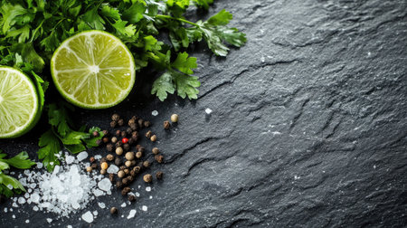 A mix of green herbs, pepper seeds, and lime on a slate surface, complemented by a sprinkle of salt. A perfect setting for culinary and cooking themes.の素材