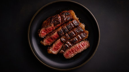 A perfectly cooked Wagyu Rib Eye steak, sliced and served on a plate. The dark background emphasizes the juicy, rich beef. Top view.の素材