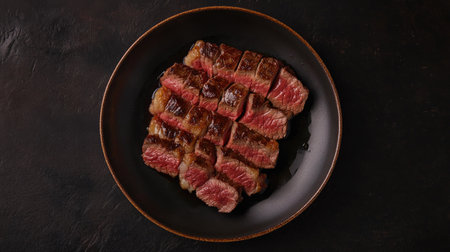 A perfectly cooked Wagyu Rib Eye steak, sliced and arranged on a plate. The dark background emphasizes the juicy, tender beef. Top view.の素材