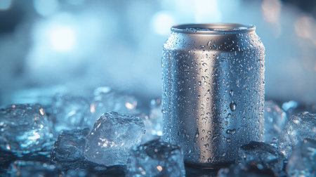 A frosty can of cold drink resting on a bed of ice cubes, condensation forming on the surface, creating a cool and refreshing scene.の素材