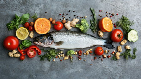 A healthy food arrangement featuring colorful vegetables, nuts, and fish on a textured concrete background. Ideal for clean eating and wellness content.の素材