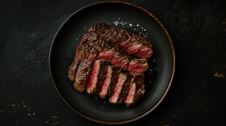 A perfectly cooked Wagyu Rib Eye steak, sliced and arranged on a plate. The dark background emphasizes the juicy, tender beef. Top view.の素材