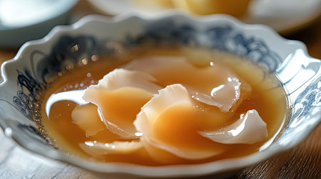 A refined presentation of shark fin stew, with the delicate fins floating in a clear, golden broth.の素材