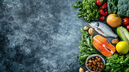 A vibrant assortment of fresh vegetables, fish, nuts, and fruits spread across a textured concrete background. Perfect for promoting healthy eating with ample copy space.の素材