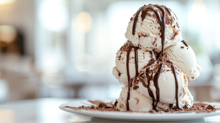 A stack of ice cream scoops with chocolate drizzle, in a stylish white setting.の素材