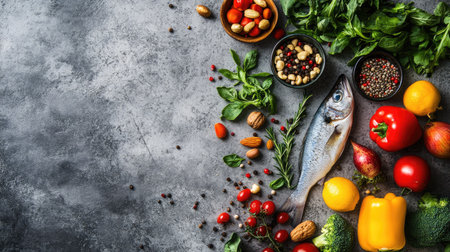 A selection of colorful vegetables, fresh fish, and nuts laid out on a textured concrete background. Perfect for health-conscious designs with space for text.の素材