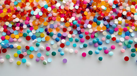 A vibrant mix of colorful pills cascading onto a light grey backdrop, forming a lively and visually appealing display.の素材