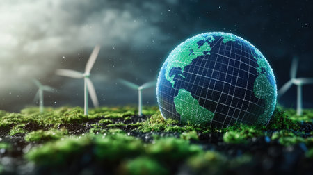 Abstract 3D globe with solar panels and wind turbines, symbolizing renewable energy.の素材
