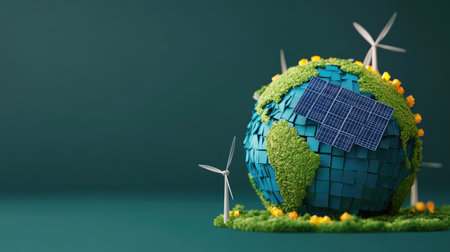 Abstract 3D globe with solar panels and wind turbines, highlighting environmental sustainability.の素材
